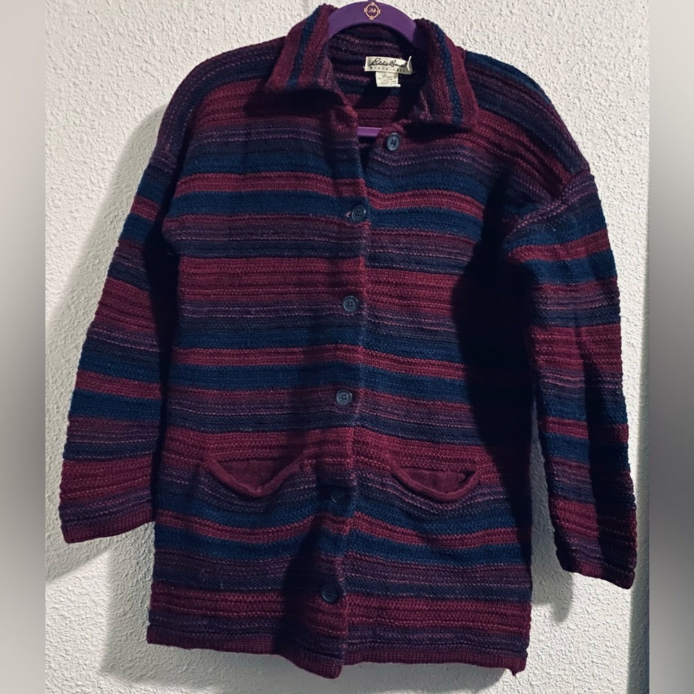 EDDIE BAUER Wool Blend Striped Cardigan Sweater Pockets Maroon Blue Purple Small